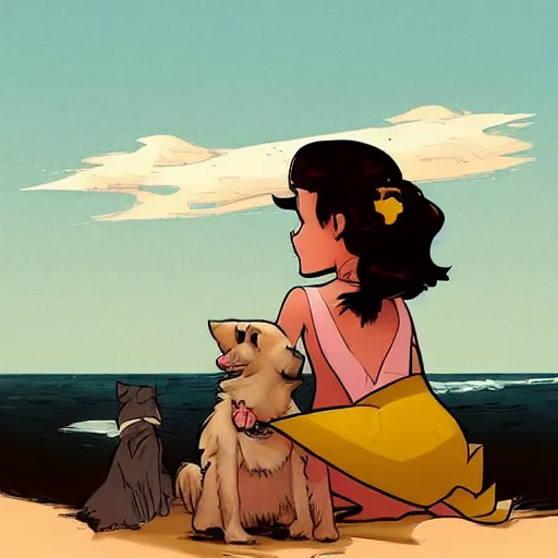 Image similar to girl with a dog sitting by the beach, by brian kesinger and james gurney, artstation