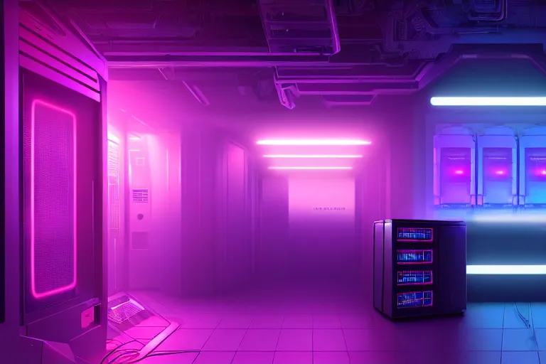 Image similar to realistic robot in a data server room, neon and dark, purple and blue color scheme, dan mumford, inception, blade runner, the fifth element, fisheye, volumetric octane render, by ruan jia and ross tran, malevich