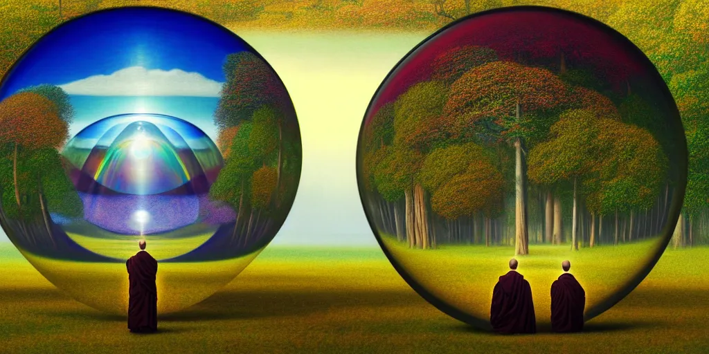 Image similar to neurograph, very very beautiful landscape, an echo a rainbow and a dream, monks praying in a temple forest through a spherical lens, surrealism, intricate, elegant, highly detailed, digital painting, trending on artstation, concept art, sharp focus, by rene magritte, moebius, wide shot