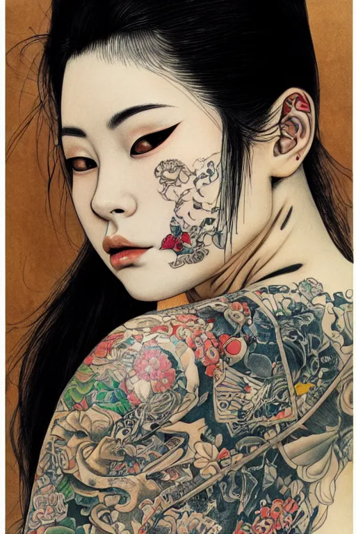 Image similar to portrait of yakuza girl with tattoo, highly detailed, artstation, illustration, art by Gustav Klimt