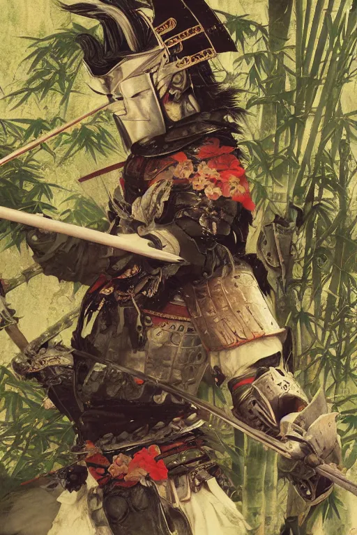 Prompt: close up of samurai in full armor, in a mysterious and ancient bamboo forest filled with yokais, by huang guangjian and gil elvgren, sachin teng, greg manchess