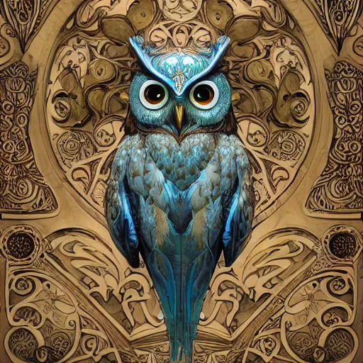 Image similar to cute owl, organic, epic, baroque art nouveau, manga, james jean, mucha, yoshitaka amano, photorealistic rendering, 3 ds max + v - ray, extremely detailed and complex, center composition, elegant, vfx, unreal engine 5, octane rendering, very contrasting, very sharp lines