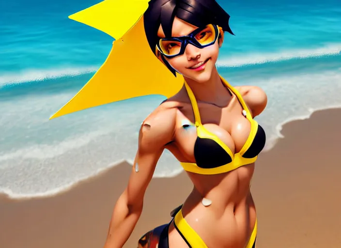 Image similar to style overwatch tracer, hyperrealism, a girl with black hair, with a very beautiful symmetrical face, a smile on her face, tanned skin, in a yellow bikini, against the background of a sea beach, high detail, digital photograph