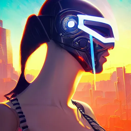 Image similar to epic mask helmet cyborg woman portrait stylized as cyberpunk 2 0 7 7 style game design fanart by gervasio canda, behance hd by jesper ejsing, by rhads, makoto shinkai and lois van baarle, ilya kuvshinov, rossdraws global illumination radiating a glowing aura global illumination ray tracing hdr render in unreal engine 5