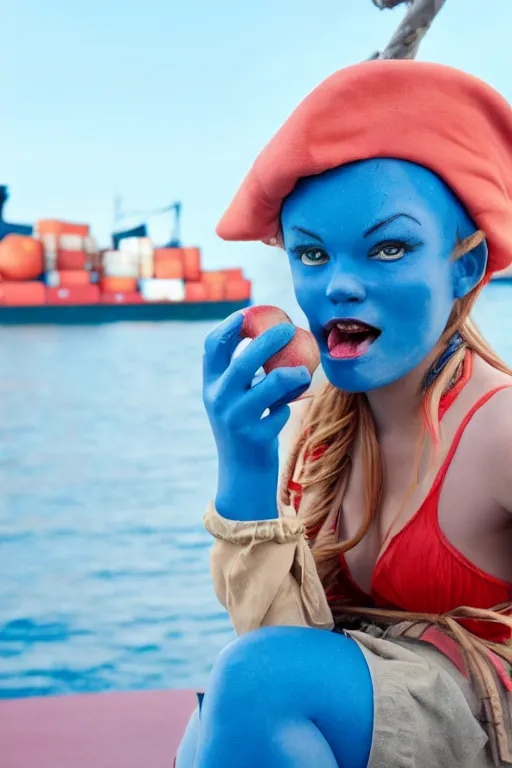 Image similar to close up of a blue skinned triton girl from dnd eating an apple and sitting on the deck of a ship, cosplay, high resolution film still, hdr color