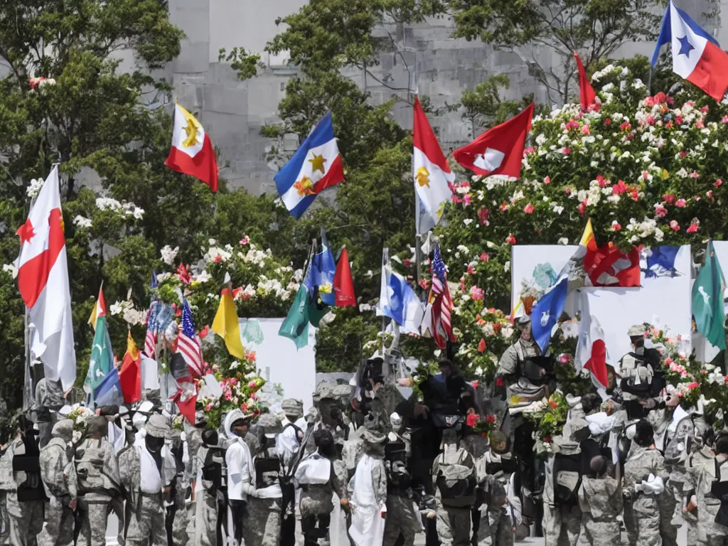 Prompt: military dictatorship with peace symbols on a podium, police state with flowers coming from mouth