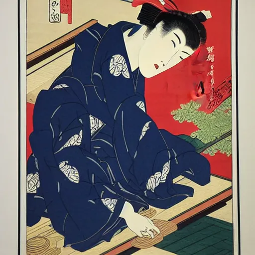 Image similar to japanese woodblock print by utamaro and hokusai,