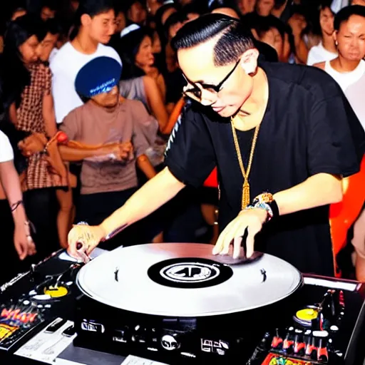 Image similar to DJ King Bhumibol spinning turntables during edm concert, photo, high quality