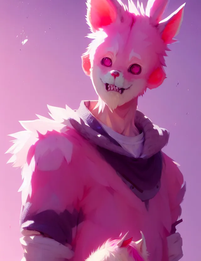 Image similar to a beautiful fullbody portrait of a cute anime boy with pink hair and pink wolf ears. character design by cory loftis, fenghua zhong, ryohei hase, ismail inceoglu and ruan jia. artstation, volumetric light, detailed, photorealistic, fantasy, rendered in octane