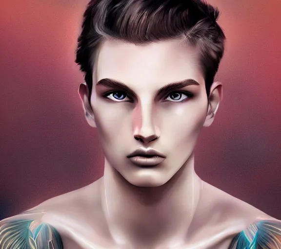Prompt: extremely beautiful young man with hyperealistic eyes, digital art, vivid background, seductive.