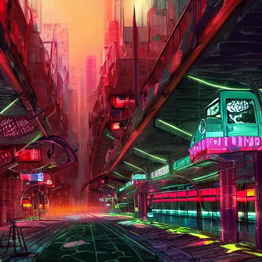 Image similar to a futuristic post - apocalyptic subway city of oriental type with neon lights artstation, illustration