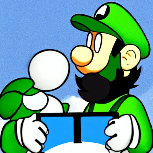 Image similar to luigi sitting next to tux in front of a computer, hugging each other, cute digital art, 4 k