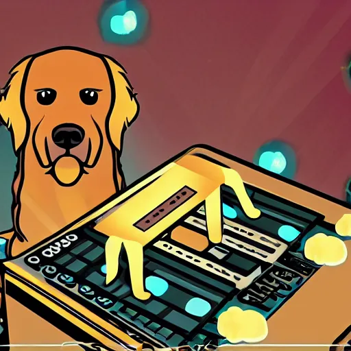 Image similar to a DJ golden Retriever playing at a nightclub, illustration