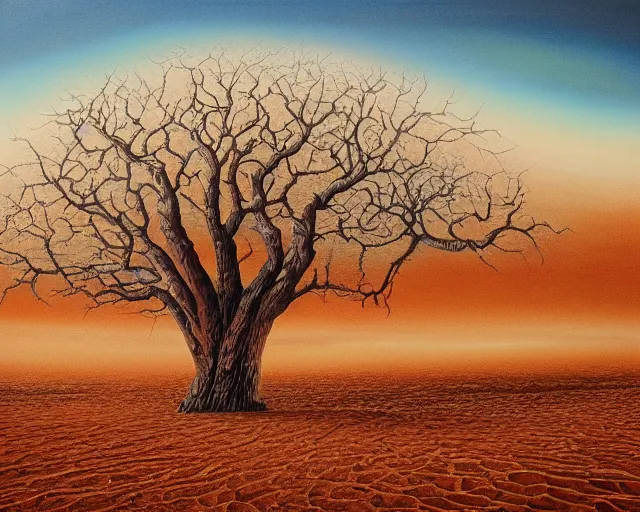 Image similar to a painting of a tree in the desert, an airbrush painting by breyten breytenbach, detailed sand pattern, cgsociety, neo - primitivism, airbrush art, dystopian art, apocalypse landscape