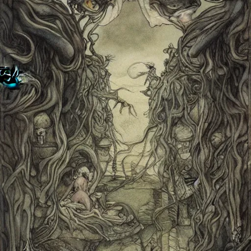 Prompt: terrible eyes from another world look out of the darkness, fabulous illustrations, oil painting, symmetric, elegant, illustrations by irish fairy tales james stephens arthur rackham, 4k, 8k ,
