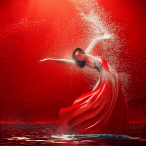 Image similar to woman dancing underwater wearing a flowing red dress made of seaweed, swirling smoke and thousands of silver fish in the background, octane render, caustics lighting from sunlight above, cinematic