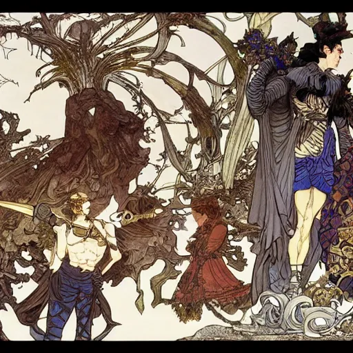 Image similar to a detailed picture of harrier du bois's bizarre adventure, intricate, elegant, highly detailed, digital painting, artstation, concept art, matte, sharp focus, illustration, art by rebecca guay and by arthur rackham and by alphonse mucha and by john william waterhouse