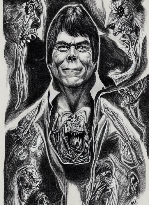 Image similar to full page scan of detailed vintage anatomical drawing of Stephen King as Jordy Verrill in Creepshow (1982), illustrated, intricate writing, highly detailed