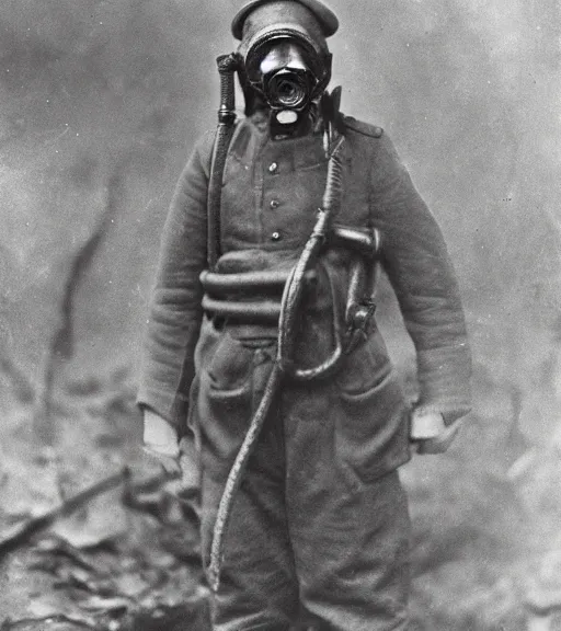 Prompt: person wearing gas mask with hose,ww1 photo, high detail, high resolution