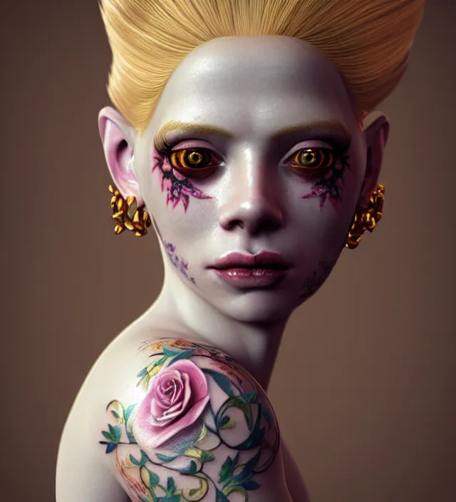 Image similar to baroque portrait of a blonde princess of porceline skin, floral tattoos, cinematic lighting, photorealistic, octane render, 8 k, depth of field, art by francis bacon