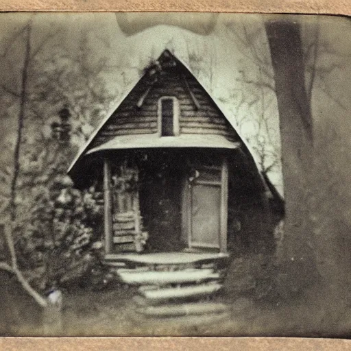 Prompt: tintype photo of a witches house