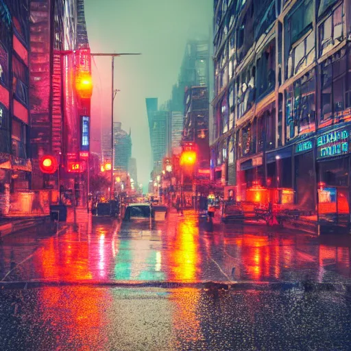 Image similar to professional photograph of a bustling neon dystopian city, rainy sidewalks, high quality, highly detailed, HD, 8K