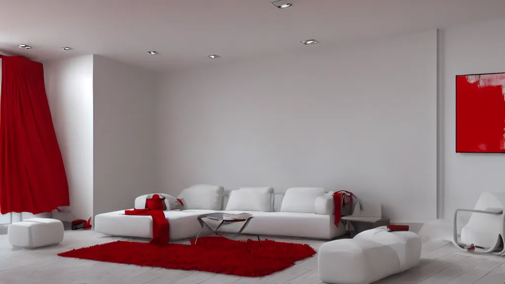 Image similar to minimalistic room, white and red color palette, realistic painting.