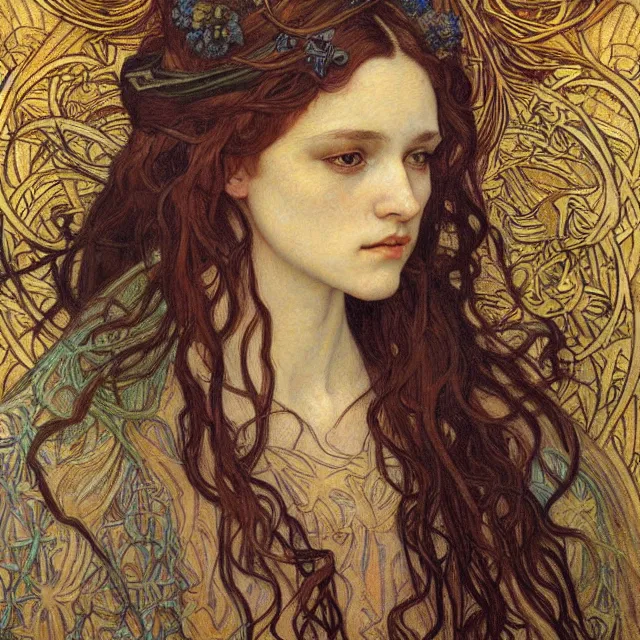 Image similar to detailed realistic beautiful young medieval queen face portrait by jean delville, alphonse mucha, vincent van gogh, and marco mazzoni, art nouveau, symbolist, visionary, gothic, pre - raphaelite