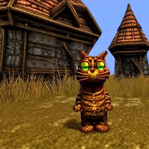 Image similar to garfield in morrowind, retro 3 d graphics, video game screenshot, pc game, elder scrolls