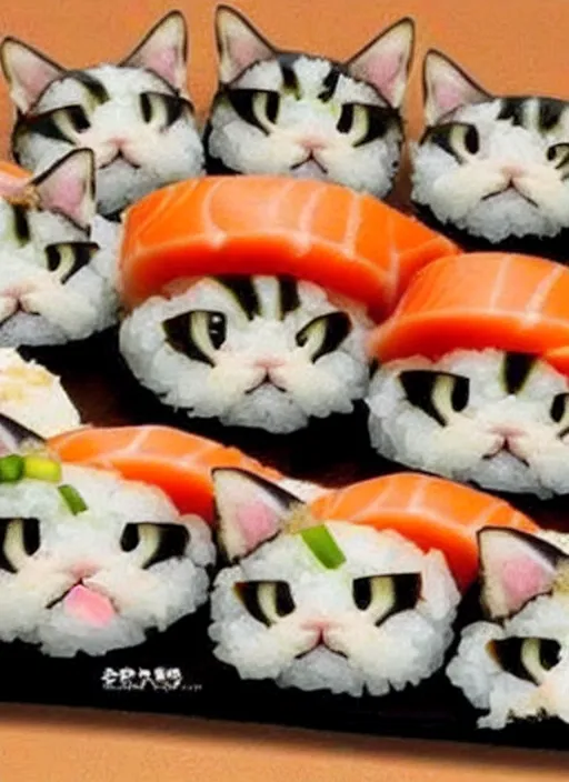 Prompt: clear photorealistic picture of adorable cats made out of sushi. some cats eating the sushi