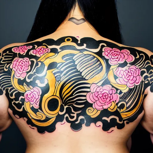 Image similar to photography of the back of a woman with a black detailed irezumi tatto representing a gold tiger with pink flowers on her entire back, mid-shot, editorial photography