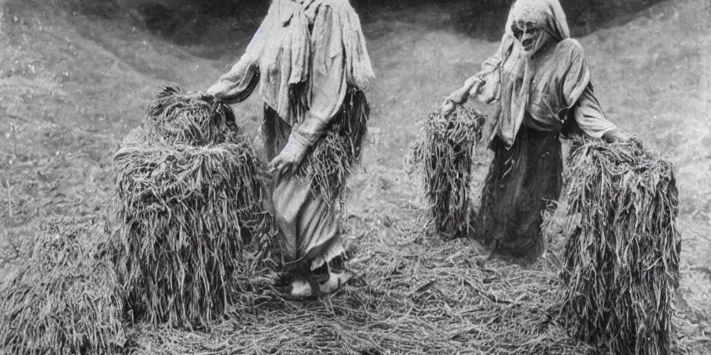 Image similar to 1 9 2 0 s spirit photography of an old female farmer turning into a krampus ghost with hay cloth in the dolomites, by william hope, dark, eerie, grainy