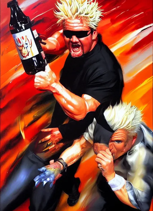 Prompt: 'guy fieri brawling with gordon ramsay, painting by phil hale, 'action lines'!!!, graphic style, visible brushstrokes, motion blur, blurry