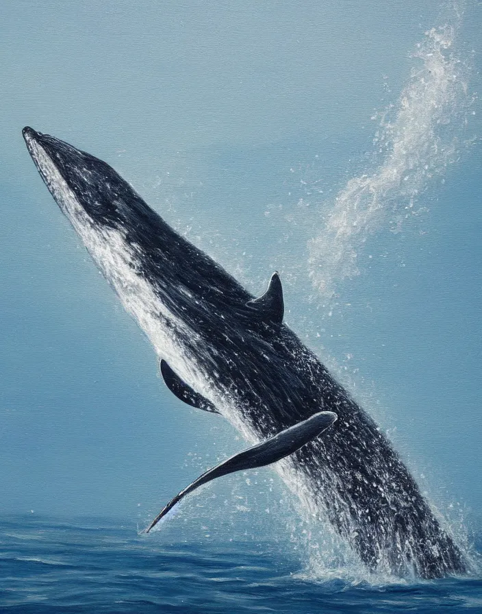 Image similar to high detail painting of a humback whale jumping out of water