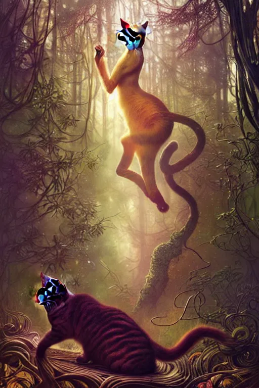 Image similar to metallic gold cat doing magic in the gnarly forest by Android Jones, tom bagshaw, mucha, karl kopinski