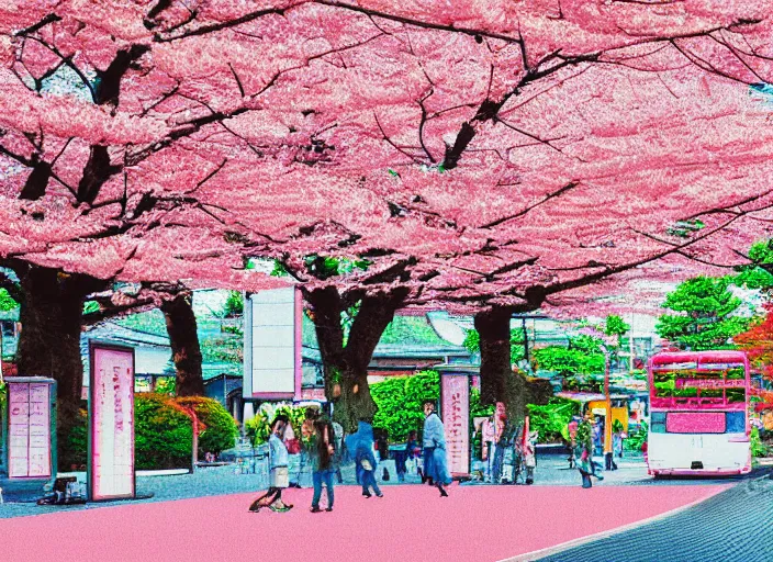 Image similar to pixel art of a bus stop in kyoto where cherry blossoms bloom a warm pink color.