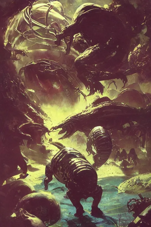 Image similar to huge slimy huge pig attacks, dynamic action on alien planet, by norman rockwell, jack kirby, jon berkey, earle bergey, craig mullins, ruan jia, jeremy mann, tom lovell, marvel, astounding stories, 5 0 s pulp illustration, scifi, fantasy