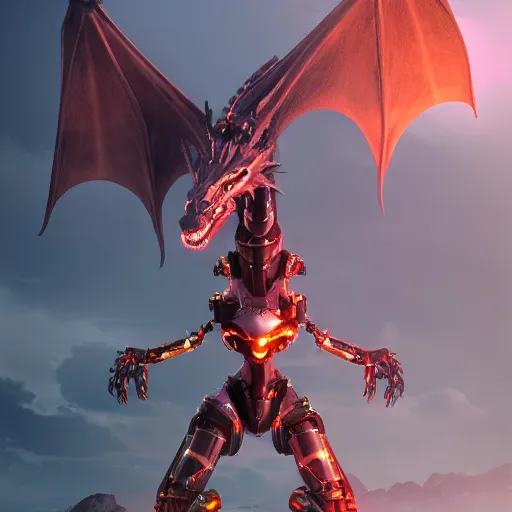 Image similar to cinematic shot of a large beautiful anthropomorphic female robotic dragon standing in an elegant pose, sharp claws, 4 claws, well designed, high quality HD digital art, artstation, deviantart, furaffinity, octane render