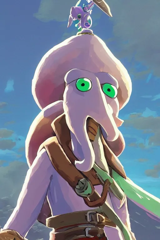 Prompt: an in game portrait of squidward from the legend of zelda breath of the wild, breath of the wild art style.