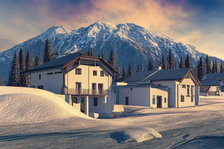 Image similar to modern fachwerk house settlement with Elbrus mountain on the background, architecture, 3d render 8k , high details