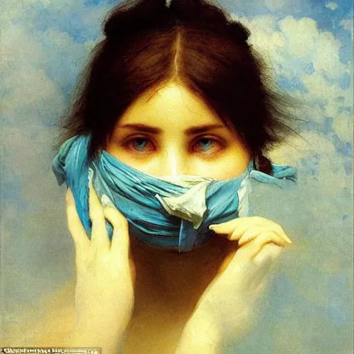 Prompt: a woman’s face, her eyes are covered with a blue satin blindfold, by ivan aivazovsky and alma tadema and and willen claesz heda