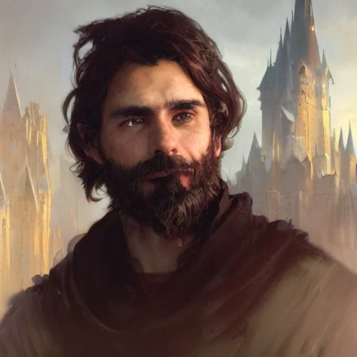 Prompt: closeup portrait of an artificer, male, dark hair, wizard, serious face, dungeons and dragons character, dramatic lighting, castle background, gorgeous view, realistic, high detail, digital art, painted by greg rutkowski, painted by jeremy mann, painted by alphonse mucha, trending on artstation
