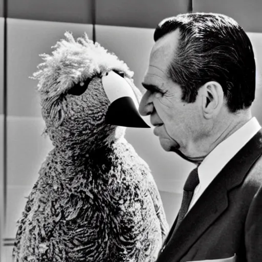 Image similar to Richard Nixon being secretly photographed meeting Big Bird in a park, cia, black and white photo, photorealistic