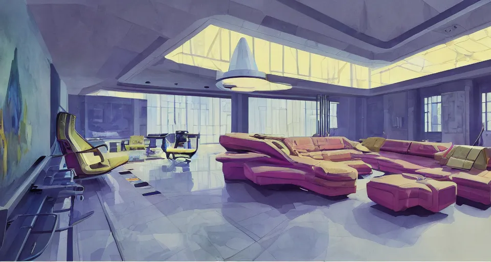 Image similar to a beautiful illustration of futuristic interior hall, lots of furniture, sofa, waiting room, big medium small, sacred geometry, golden ratio, in watercolor gouache detailed paintings, in style of syd mead, trending on artstation,8k, panel, hard surface, vent, zaha hadid, props, plant, cozy