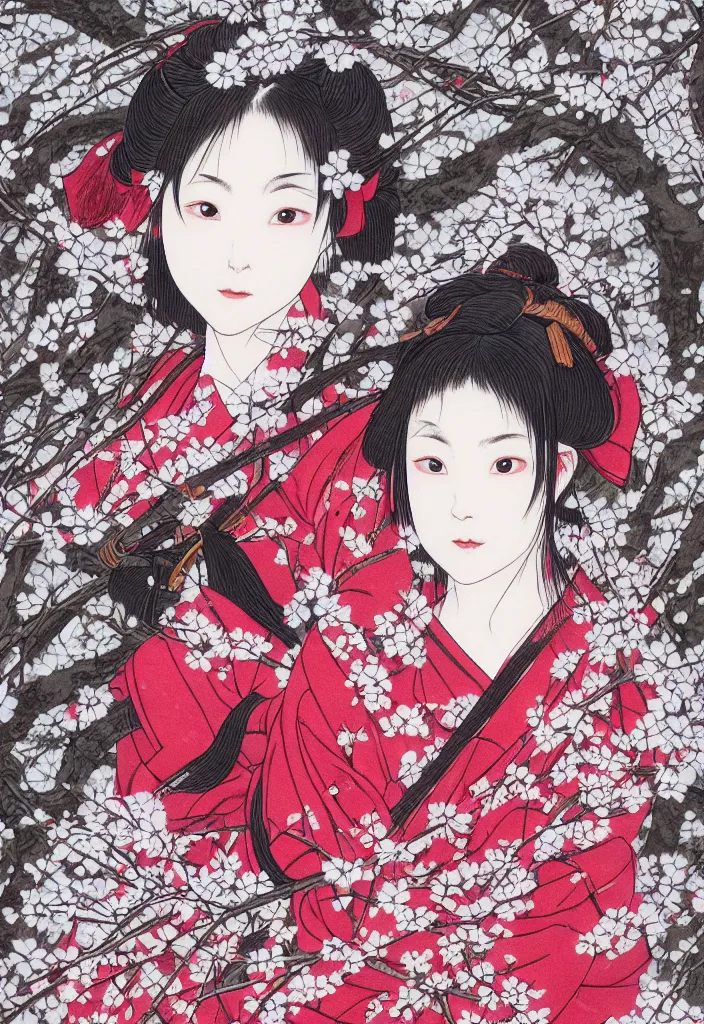 Prompt: detailed portrait of girl samurai in hakama with swords and rifles, in snow forest sakura cherry blossom, hakama kimono, taisho roman, trending on artstation, elite, elegant, luxury, by takato yamamoto, perfect face, fine details, realistic shaded, fine - face, pretty face