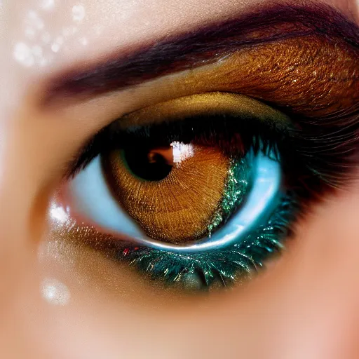 Image similar to extreme close - up shot, studio photographic portrait of beautiful indian girl in sari, brown reddish hair, eyes with crystal teal iris, haunting, looking at viewer, dynamic lighting, random outdoor wallpaper background, photorealistic, highly detailed, 2 5 mm