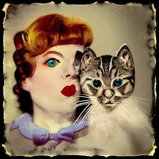 Image similar to the kitsch meow. surreal whimsical retro photograph.