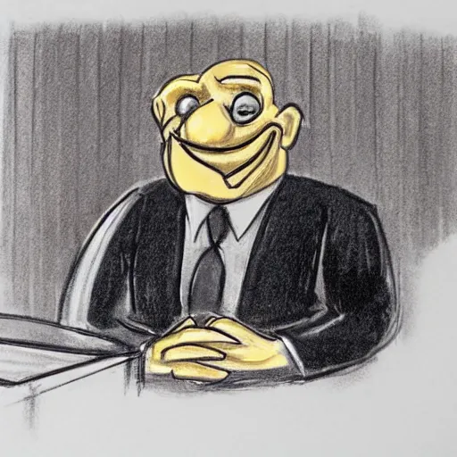 Prompt: courtroom sketch of the mcdonald ’ s character grimace sitting in the witness stand looking fearful