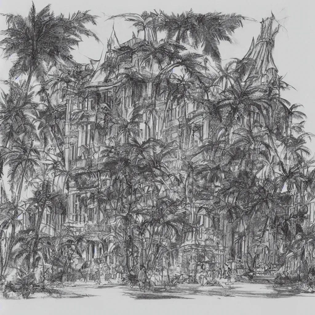 Image similar to vintage architectural drawing black and white sketch on yellowed paper. the sketch depicts an alien palace in a jungle. people wearing togas are walking around outside the palace. the page is ripped and burned