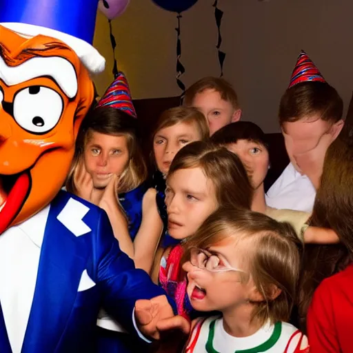 Image similar to high definition photo Donald trump dressed as Bugs Bunny spying on children at a birthday party, high quality, dynamic, good lighting